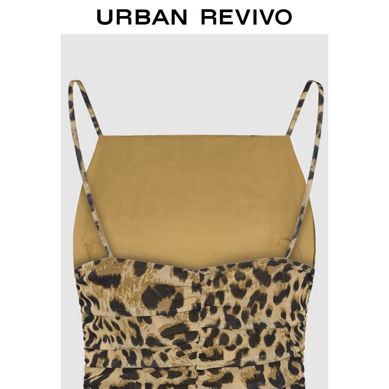 UR 2025 Spring Leopard Print Pleated Spaghetti Strap Dress