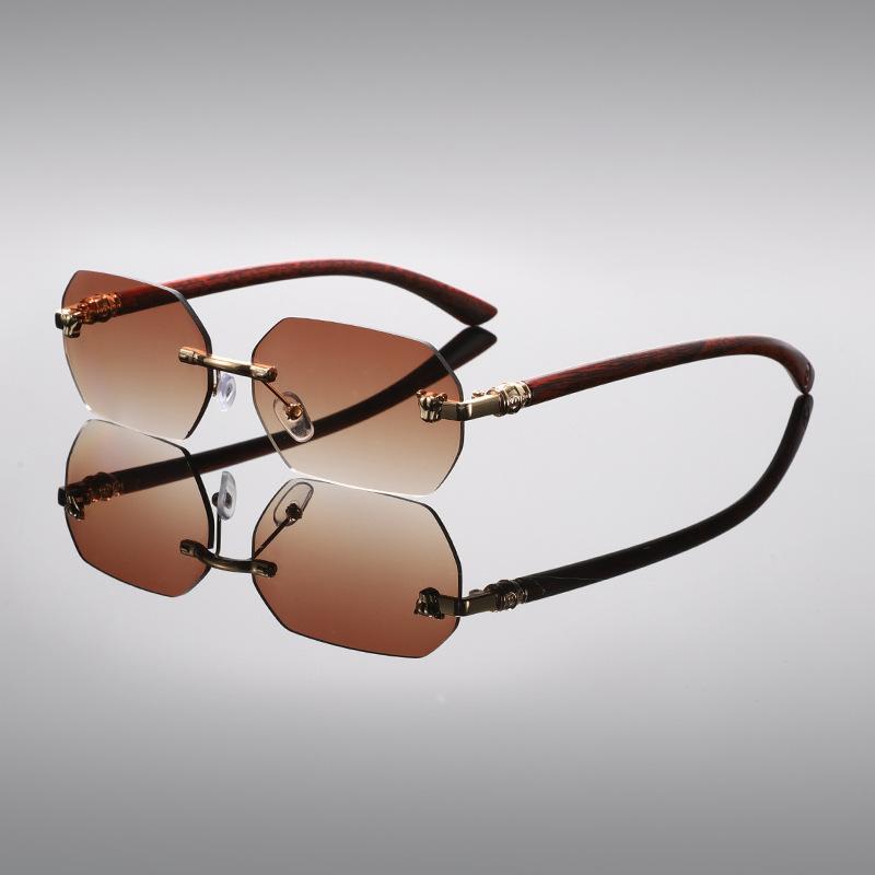 

Fashion Frameless Sunglasses With Cut Edges Women S High-End Retro Eyewear Men Wood Grain Legs Leopard Head Sun Glasses 1PC