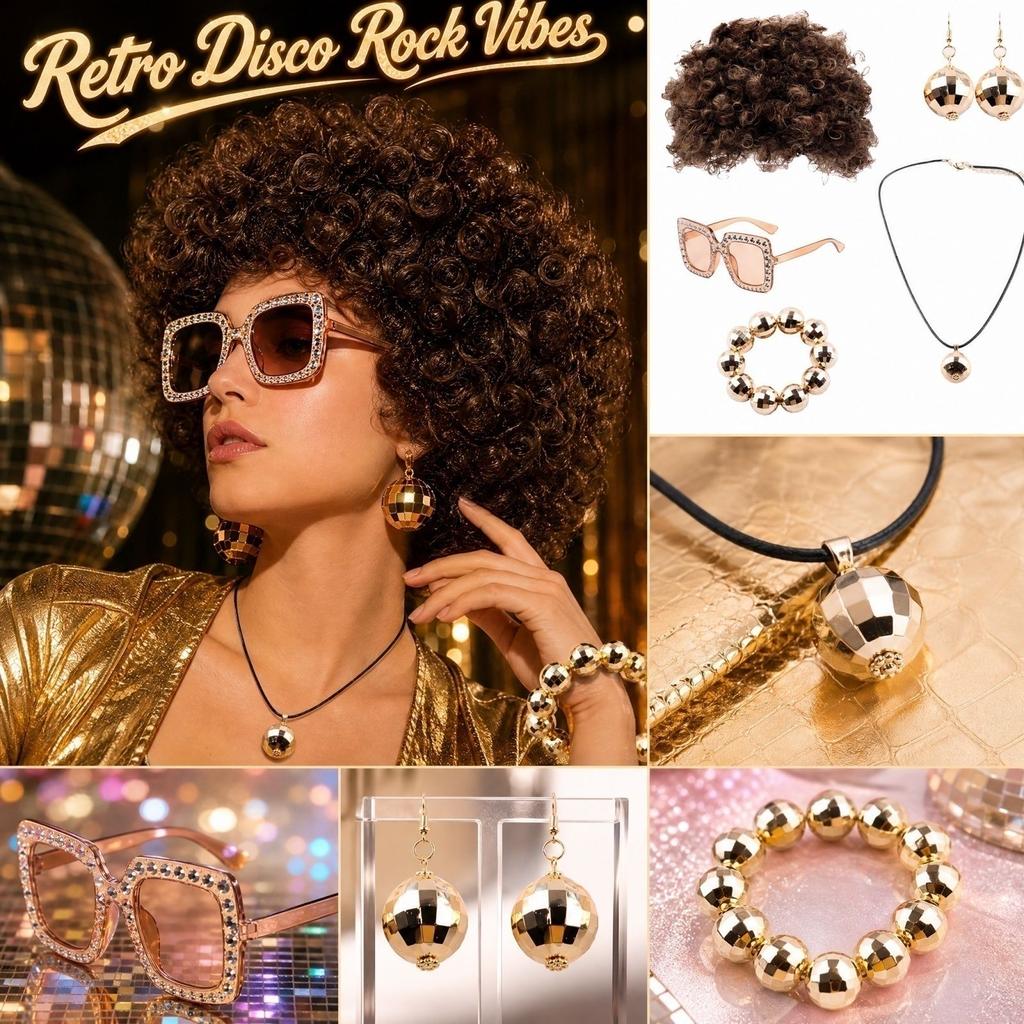 Kostümset mit Schwarz, Sonnenbrille, Halskette, Ohrringen und Armband