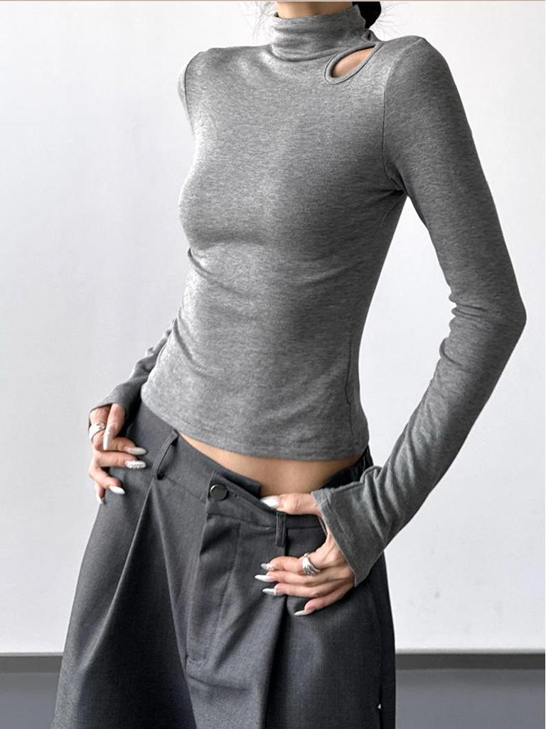 Women's Slim Fit Velvet Turtleneck Long Sleeve T-Shirt, Gray, 2025 Spring/Autumn/Winter Collection.