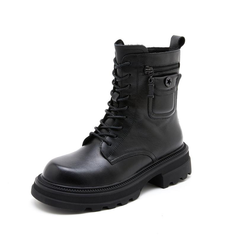 The first layer of cowhide Martin boots for women's 2025 autumn and winter new retro leather velvet medium tube British style women's boots for women