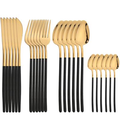 24Pcs Dinnerware Set Stainless Steel Tableware Knifves Forks Spoons Black Gold Cutlery Mirror Flatware Kitchen Dinner Silverware