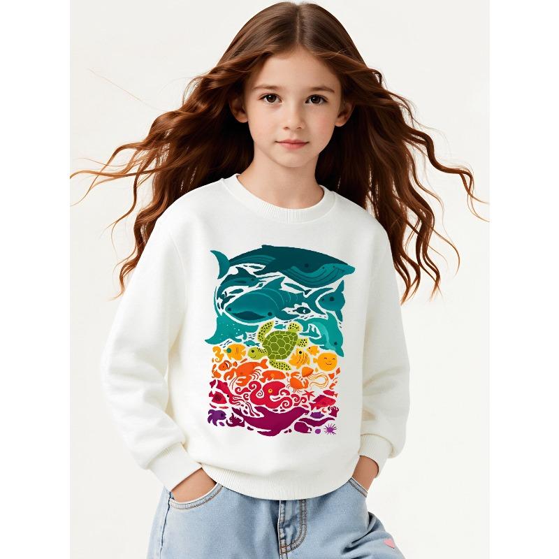 Girls Soft Crewneck SweatshirtColorful Ocean Marine Life Animal Print with Cute Creative Print, Casual All-Match for Fall Winter