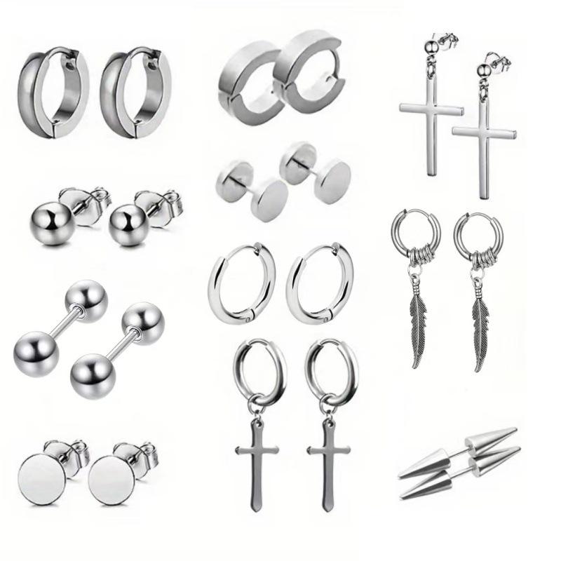 Sleek Black Cross Stainless Steel Ear Studs - Popular European American Piercing Jewelry Set