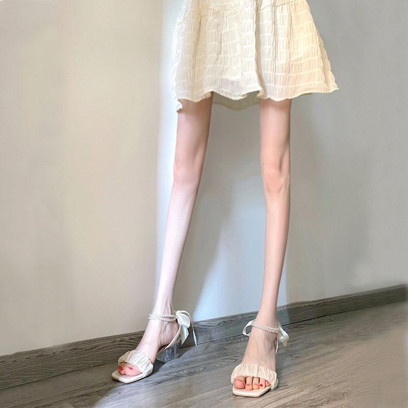 Sandals women's summer middle heel new pearl bow transparent crystal thick heel with skirt high heels