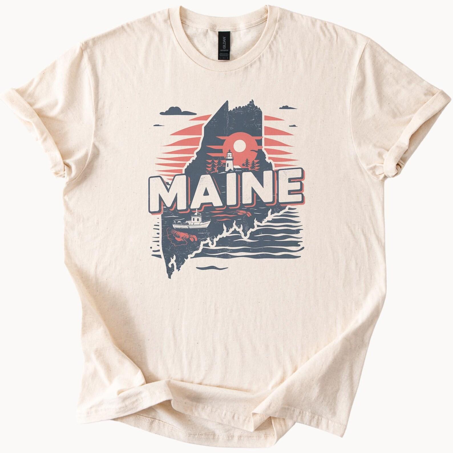 Maine Graphic T Shirt Lighthouse Lobster Boat Ocean Sunset Nature Scenic State Map Tee Maine Souvenir Shirt Gift for Travelers 100
