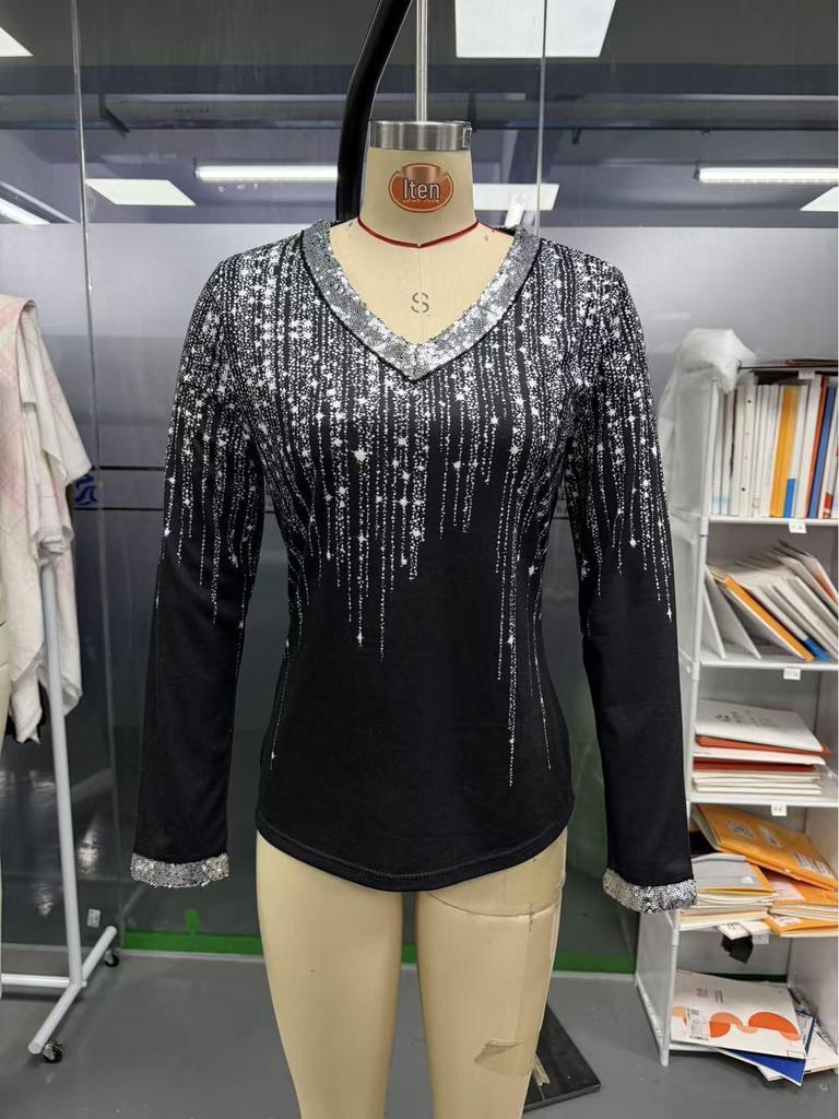 2025 European & American V-Neck Long Sleeve Rhinestone T-Shirt