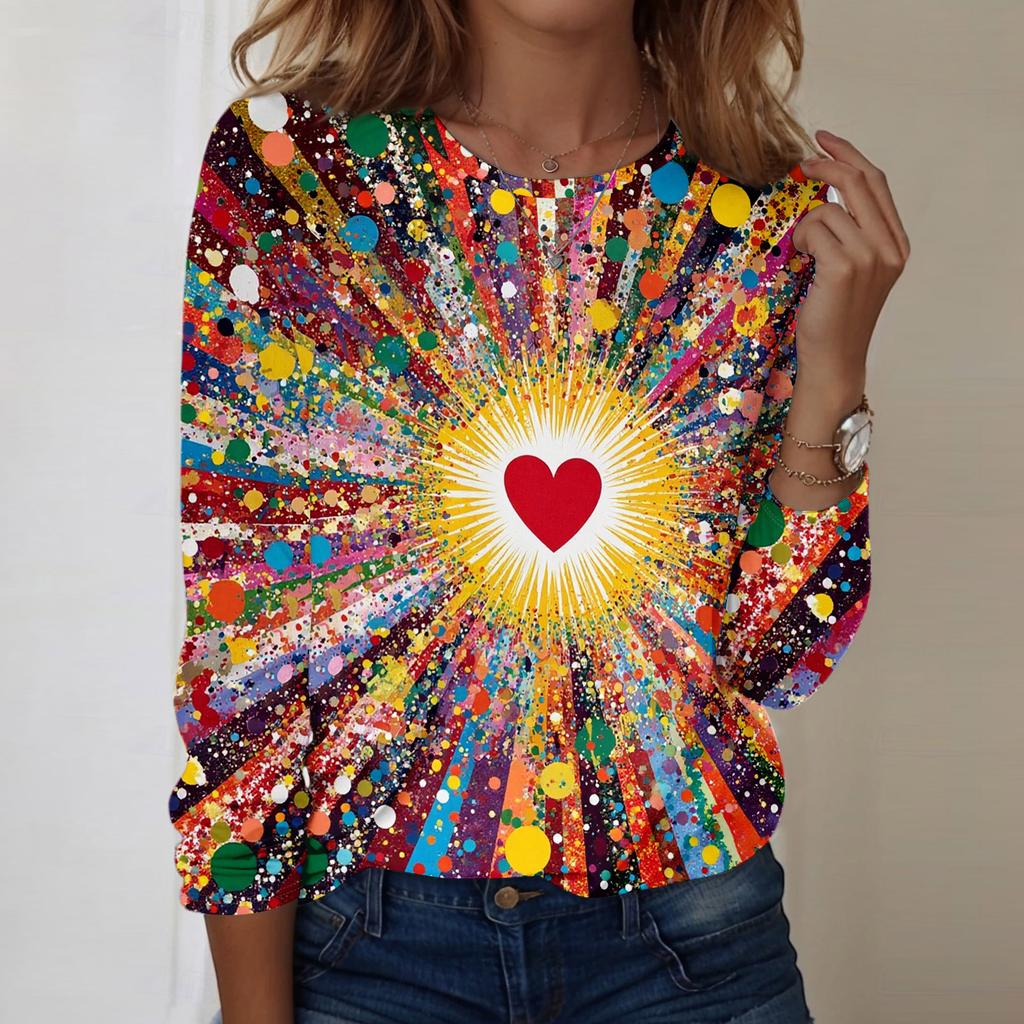 Women's Casual Long,sleeved Valentine's Day Printed Round Neck Top