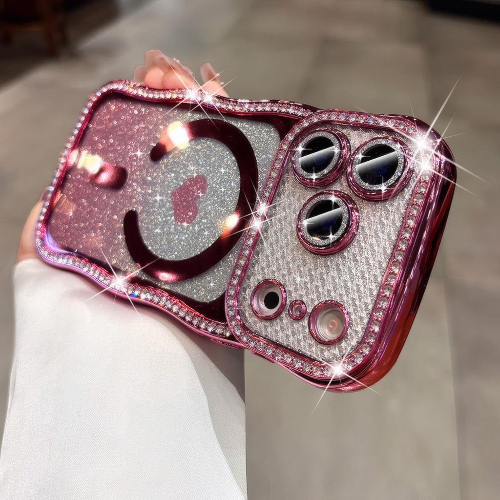 Wave edge applies to iPhone17ProMax love electroplating mobile phone case Apple 15 glitter magnetic flash drill case