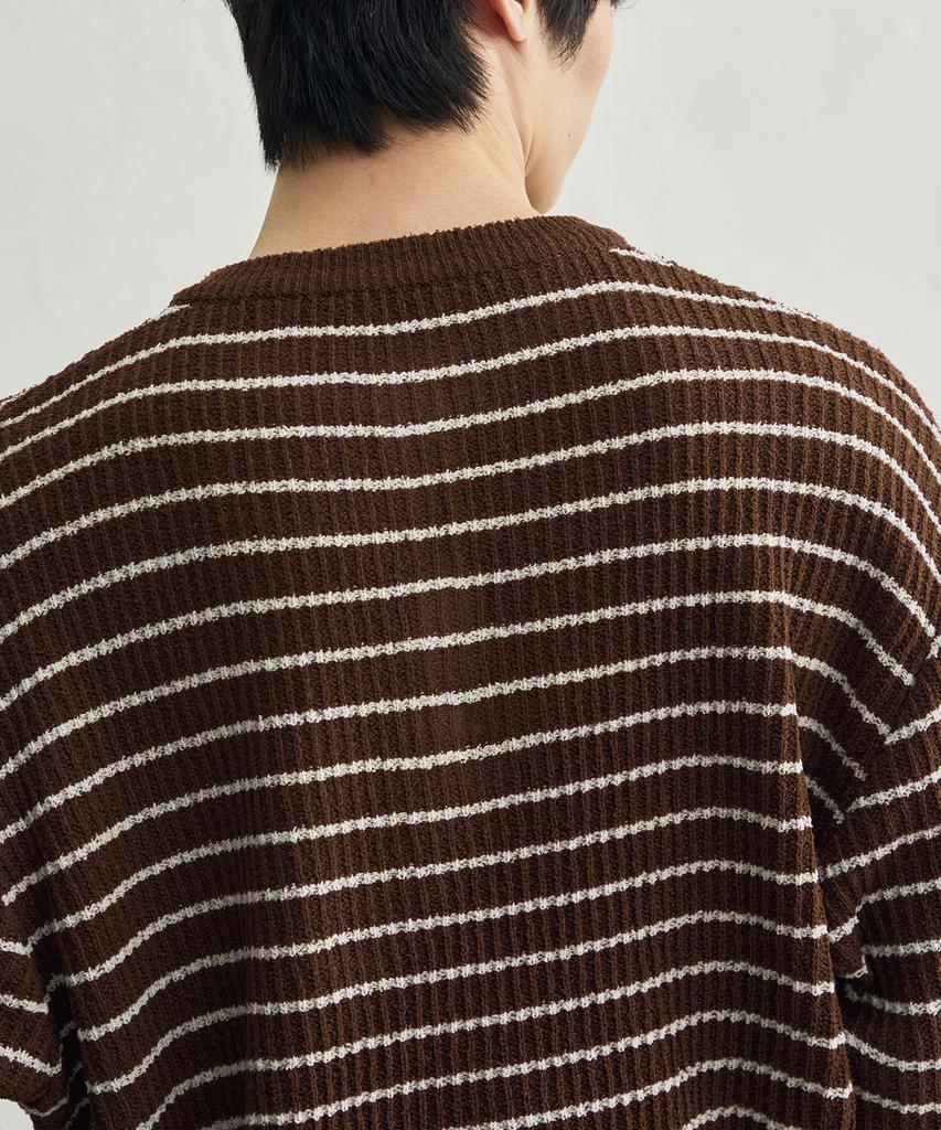 ROTEMBER Low Stripe Henley Neck Crop Knit [Brown]