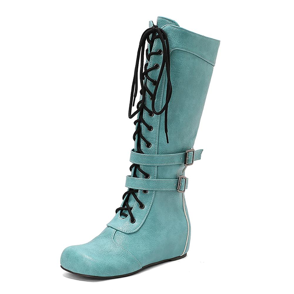 White Brown Women Mid Calf Boots Med Wedge Heel Big Size 50