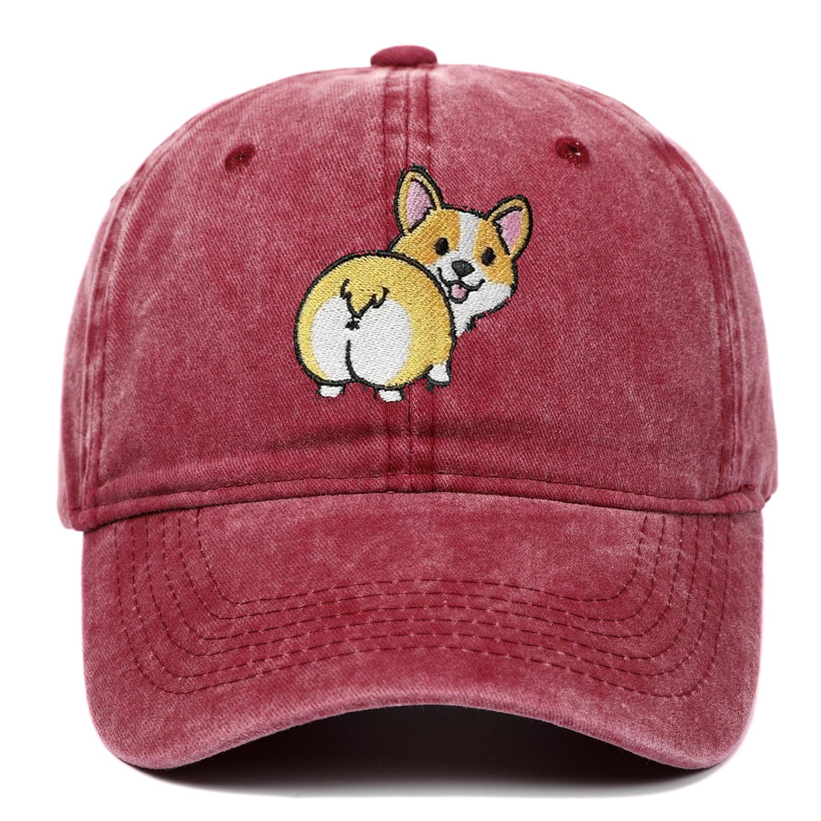 

Вишита бейсболка з коргі – Модна випрана спортивна шапка для чоловіків і жінок, Ідеальна для захисту від сонця на вулиці Adjustable вина червоного кольору