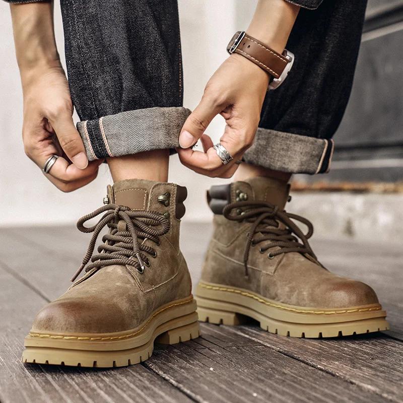 Male Shoes Genuine Leather Walking Boots Lace Up High Quality Outdoor Motocross Boots Men Thick Sole Men's Casual Shoes