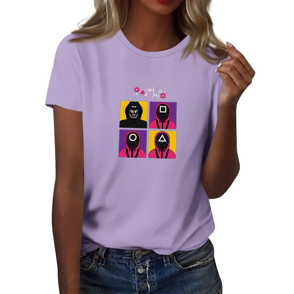 Damen Rundhals Bedrucktes Kurzarm T-Shirt Top