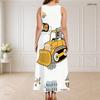 Women Plus Size Sleeveless Round Neck Triple Keyhole Cutout Black Gold Beige Printed Long Dress