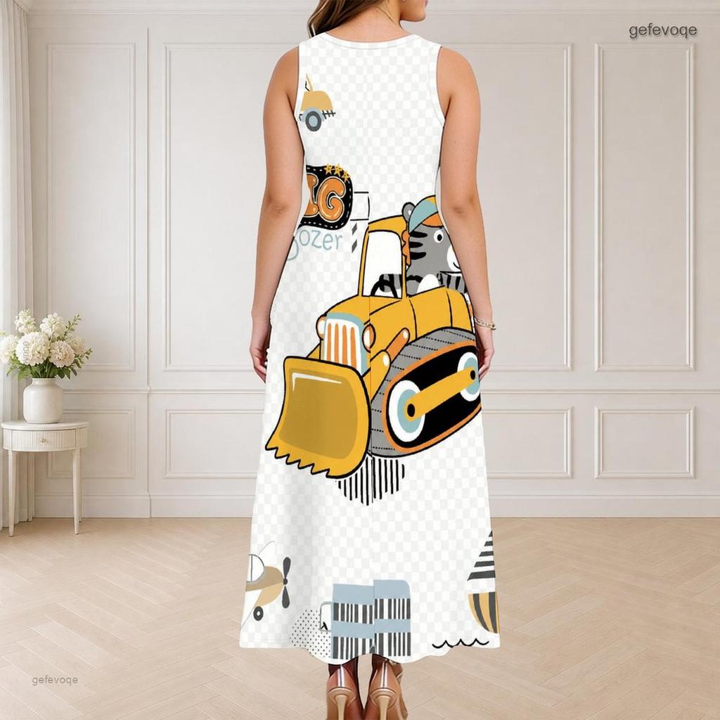 Women Plus Size Sleeveless Round Neck Triple Keyhole Cutout Black Gold Beige Printed Long Dress