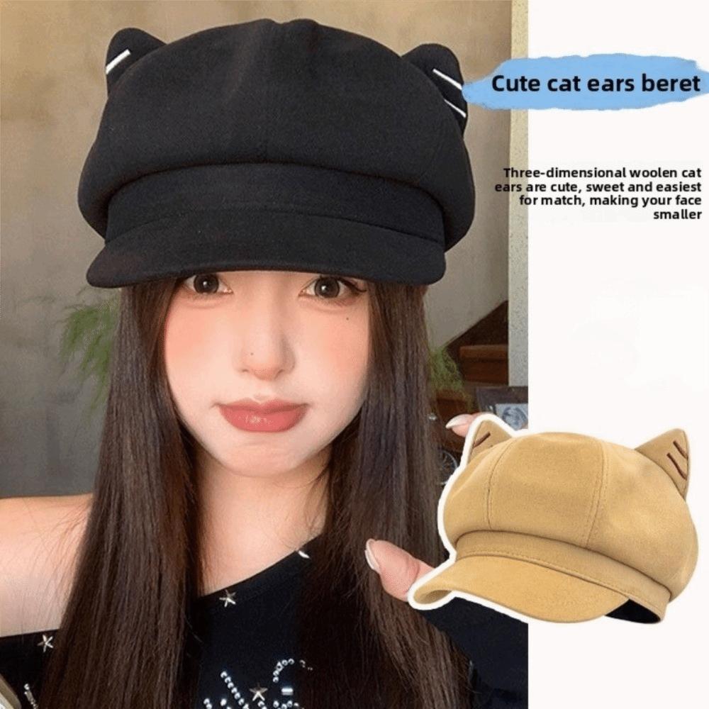 Woolen Cat Ear Hat Solid Color Octagonal Cap Newsboy Hat British Beret Hat  Artist
