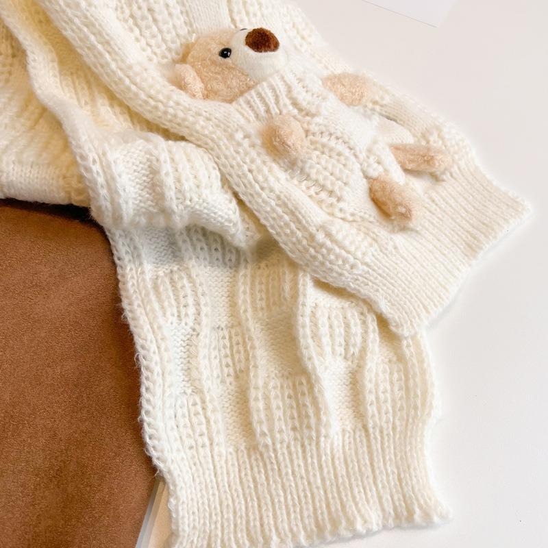Bear Knitted Wool Scarf for Girls, Thickened Pure Milk White Pure Rice White Plush Small Scarf In Winter, Cute Girl