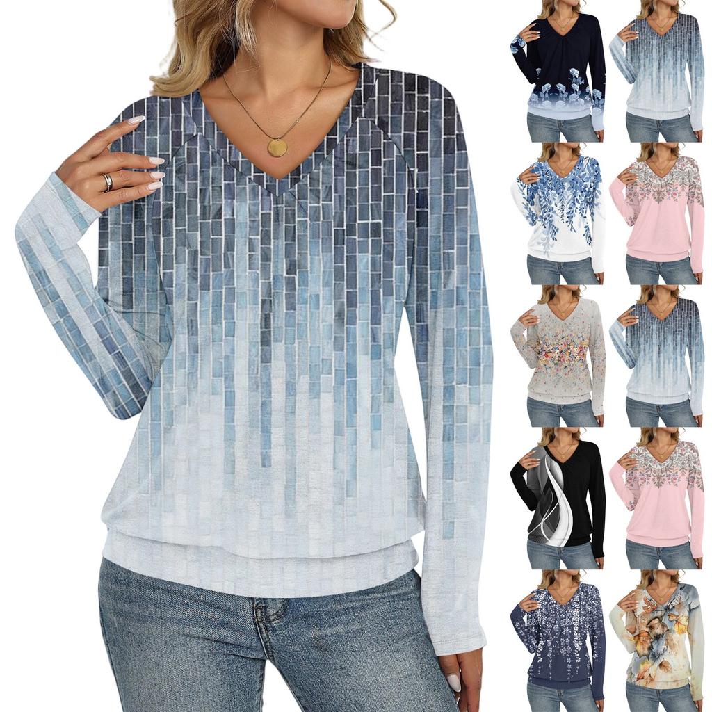Women's Casual Fashion V-Neck Raglan Pleated Floral Print Long Sleeve Top
