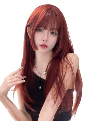 Knnzk Wig Long Red Princess Cut Full Wig Straight Lolita Cosplay Daily Use Ladies Crossdressing Wig Small Face Natural Heat Resistant With Net (Copper
