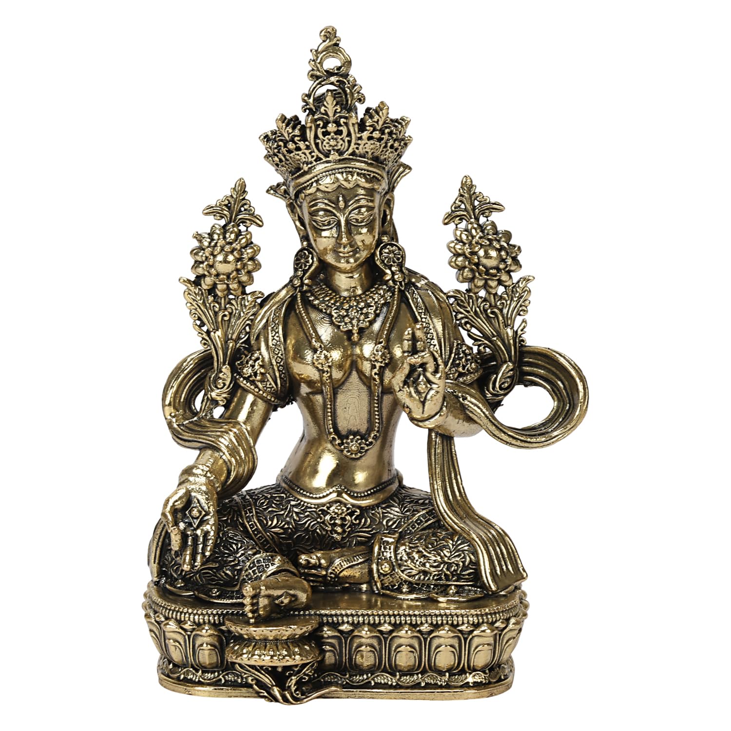 Pure Brass Tara Devi Statue, Tibetan Goddess Religious Gold Tara Idol, 4.5 Inch