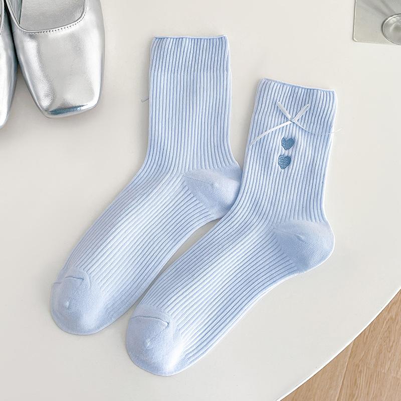 Bow Socks, Women's Mid-calf Socks, Spring and Summer Pile Socks, Embroidered Heart-shaped Trendy Cotton Socks, Long Pile Socks