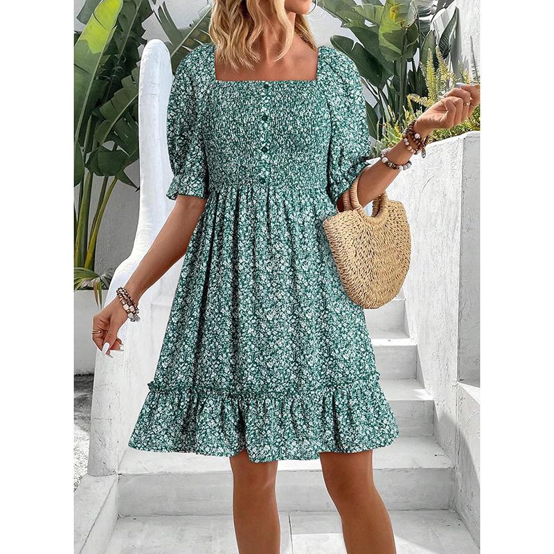 

Women s Floral Print Square Neck Ruffled Hem Short Sleeve Dress in Blue/Black/Pink/Green/Red 2XL