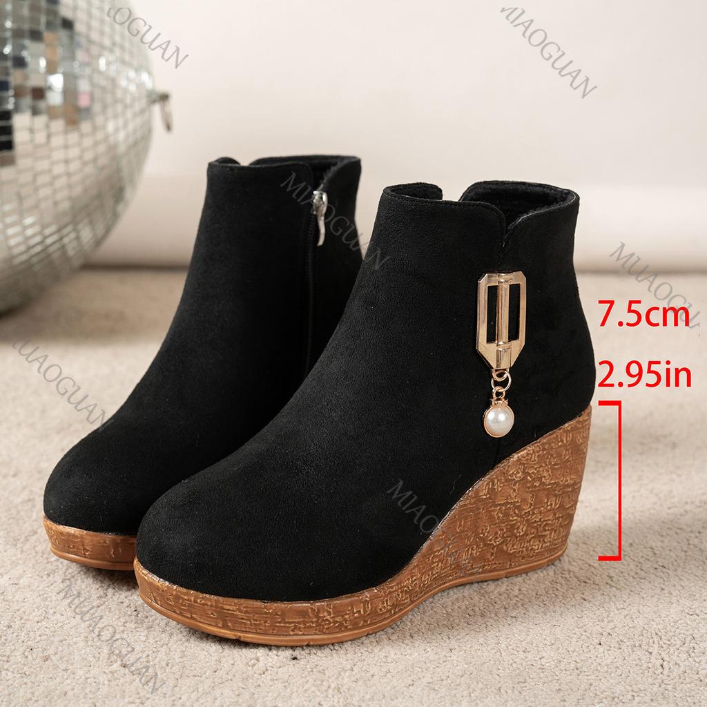 Kurze Stiefel Wildleder Herbst Winter Neu Seitenreißverschluss Keilabsatz Mode Damenschuhe Freizeit Schwarze Plateau Hohe Absätze Stiefeletten