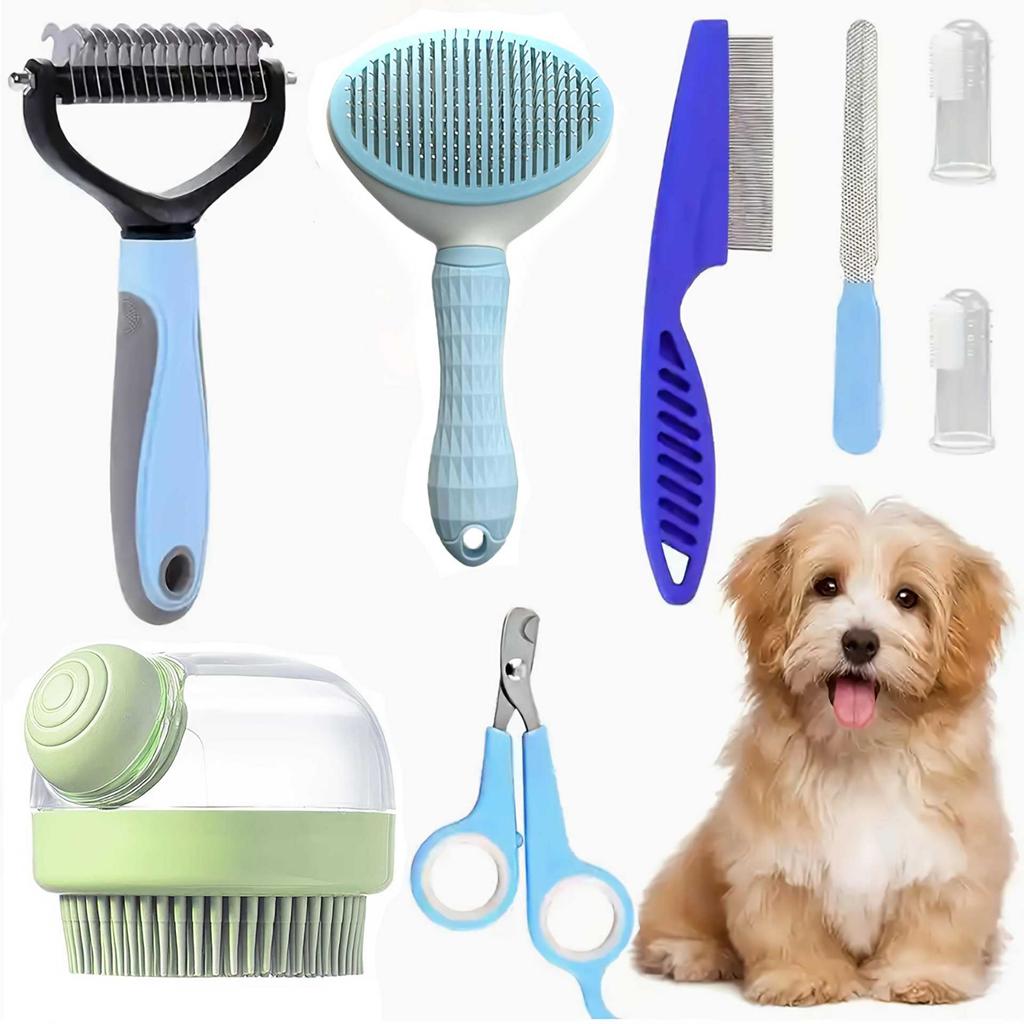 Pet Grooming Kit 8-Piece Blue Comb and Scissors Set for Dogs and Cats