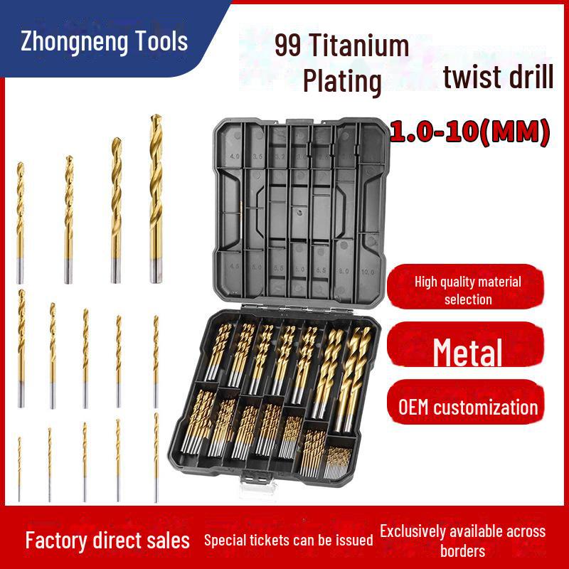 

Набор из 99 спиральных сверл из быстрорежущей стали с титановым покрытием (1,5-10 мм) в пластиковой коробке