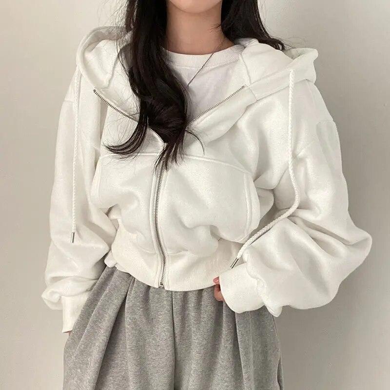 Women Hoodies Retro Solid Color Zip Up Oversized Sweatshirts Harajuku Korean Version Long Sleeve Hooded Jackets Coat