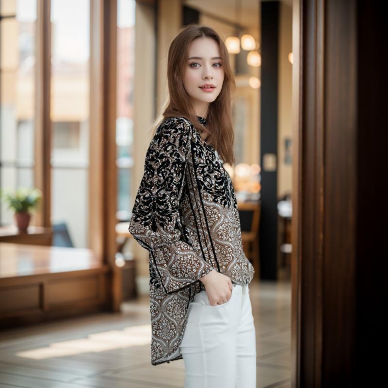 

Элегантная и универсальная рубашка из шифона с длинными рукавами и цветочным принтом для женщин. XL хаки