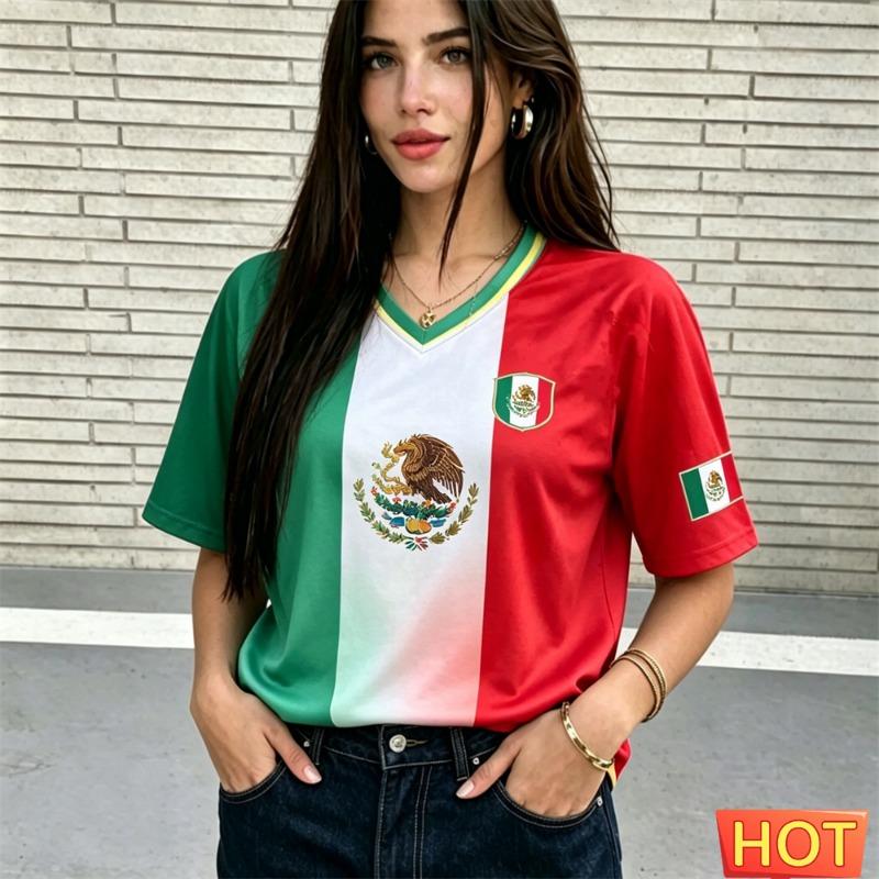 Maglia estiva da donna con scollo a V maglia maglia da calcio Messico T-shirt sportiva traspirante da donna poliestere T-shirt traspirante maglia 2026 top