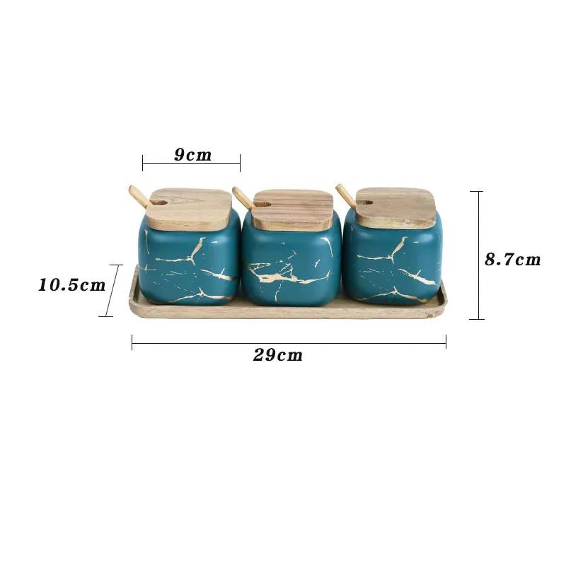 Matte Marble Pattern Ceramic Kitchen Spice Jar Oiler Set Wooden Cover Salt Shaker Spice Jar Kitchen Condiment Storage Rack Set