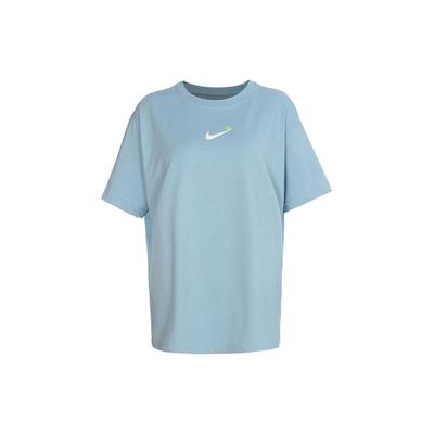 Besticktes Logo Lässiges Rundhals T-Shirt mit überschnittenen Schultern Damen Tops Hellblau DR8998-494