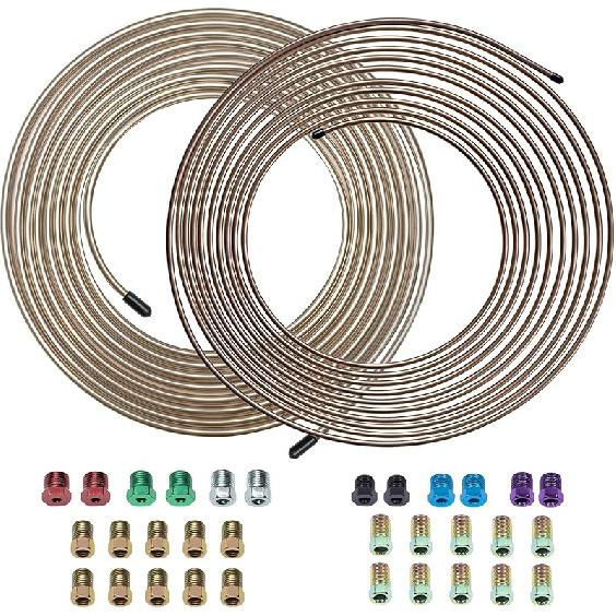 25 ft 1/4 True Copper-Nickel Alloy Brake Line Kit Complete Replacement Brake or Fuel Tubing (Includes 16 Fittings), Easy to hand bend (.028) Wall