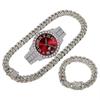 Bling Fully Iced Out Quartz Watch Necklace Bracelet Set Silver Gold Plated 13mm Chain Diamond Pointer Dial Men's
