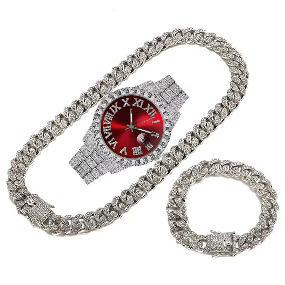 Bling Fully Iced Out Quartz Watch Necklace Bracelet Set Silver Gold Plated 13mm Chain Diamond Pointer Dial Men's
