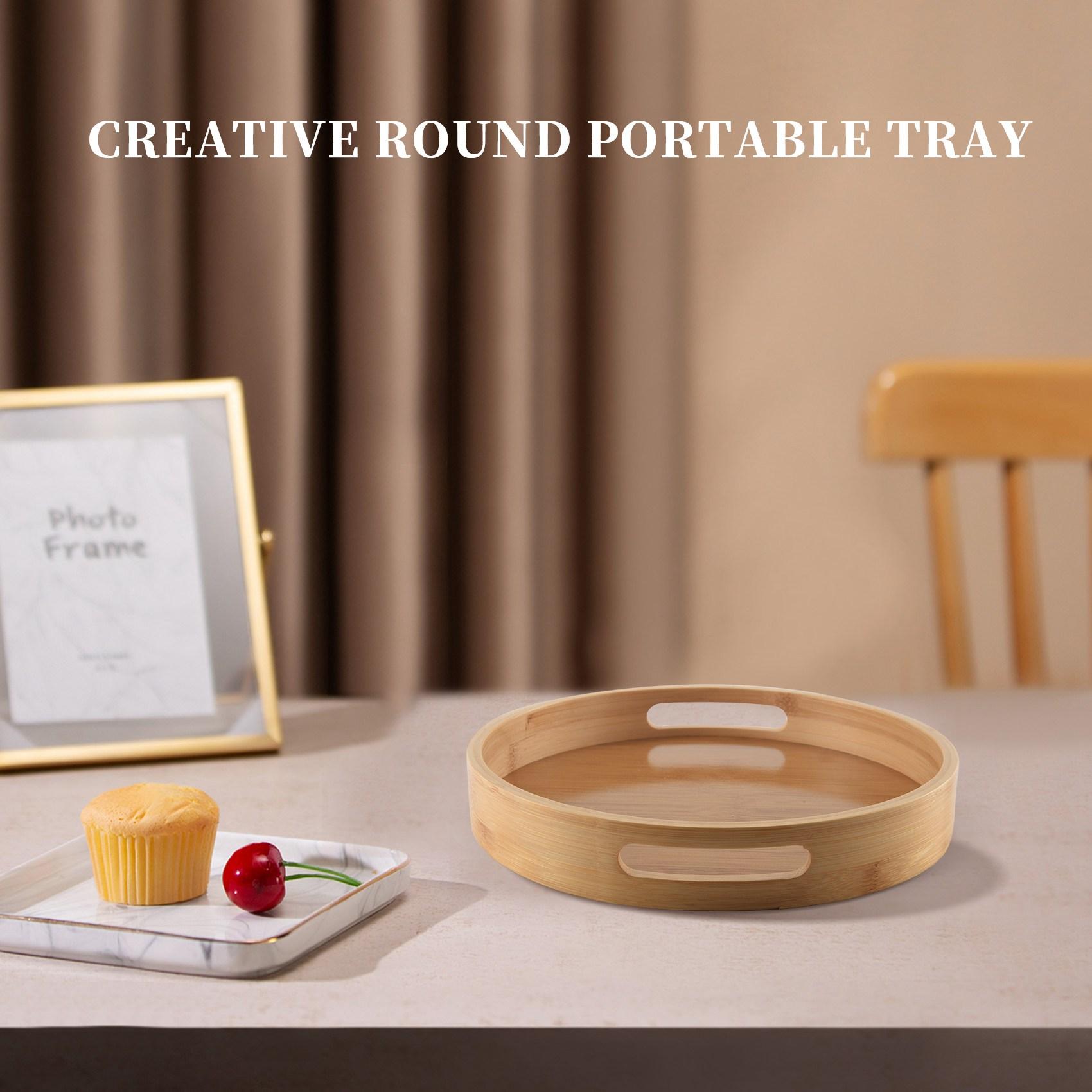 ABWR-Round Serving Bamboo Wooden Tray For Dinner Trays Tea Bar Breakfast Food Container Handle Storage Tray