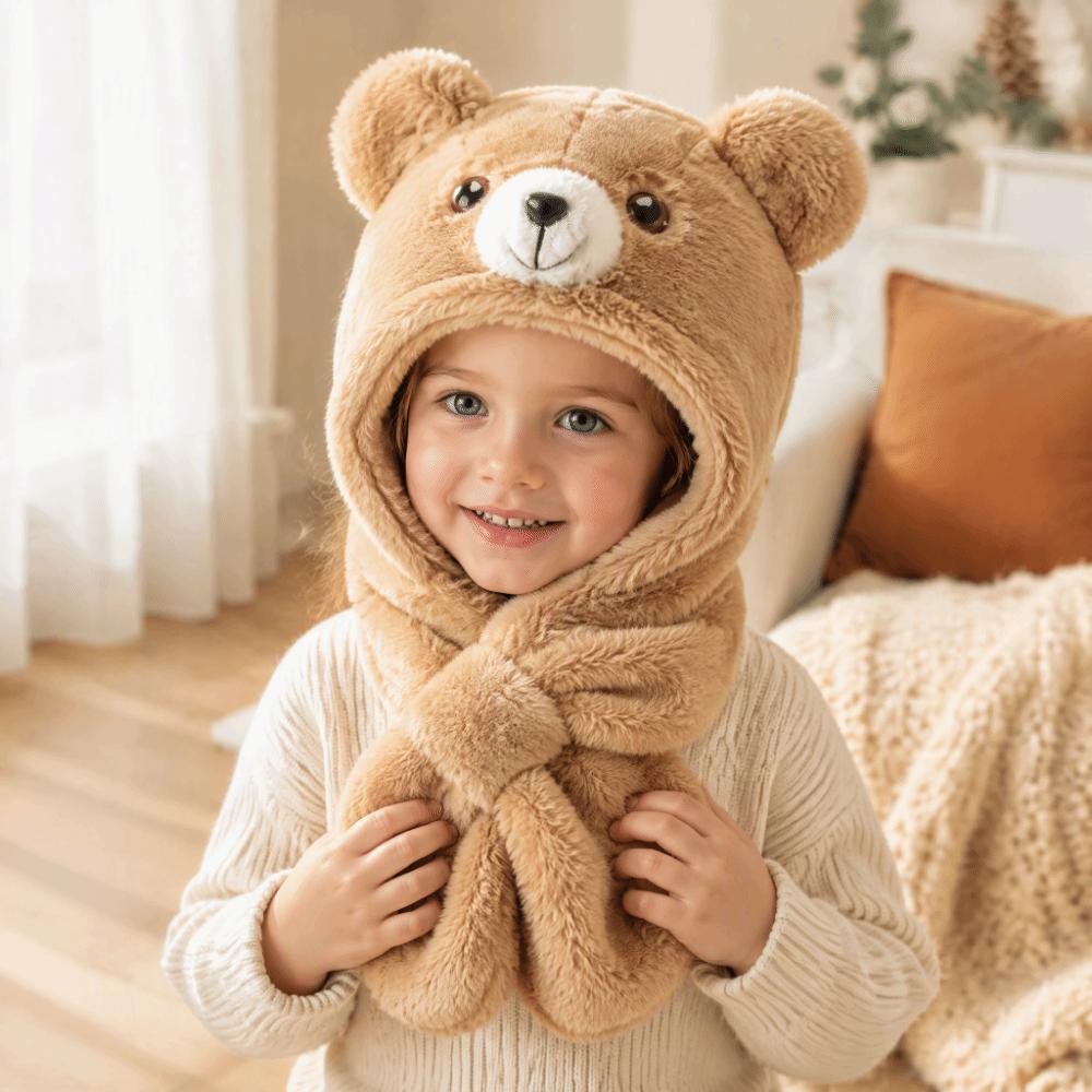 Windproof Fluffy Winter Beanie Hat Soft Bear Earmuffs Hat Cute Kids Integrated Scarf Hat Unisex