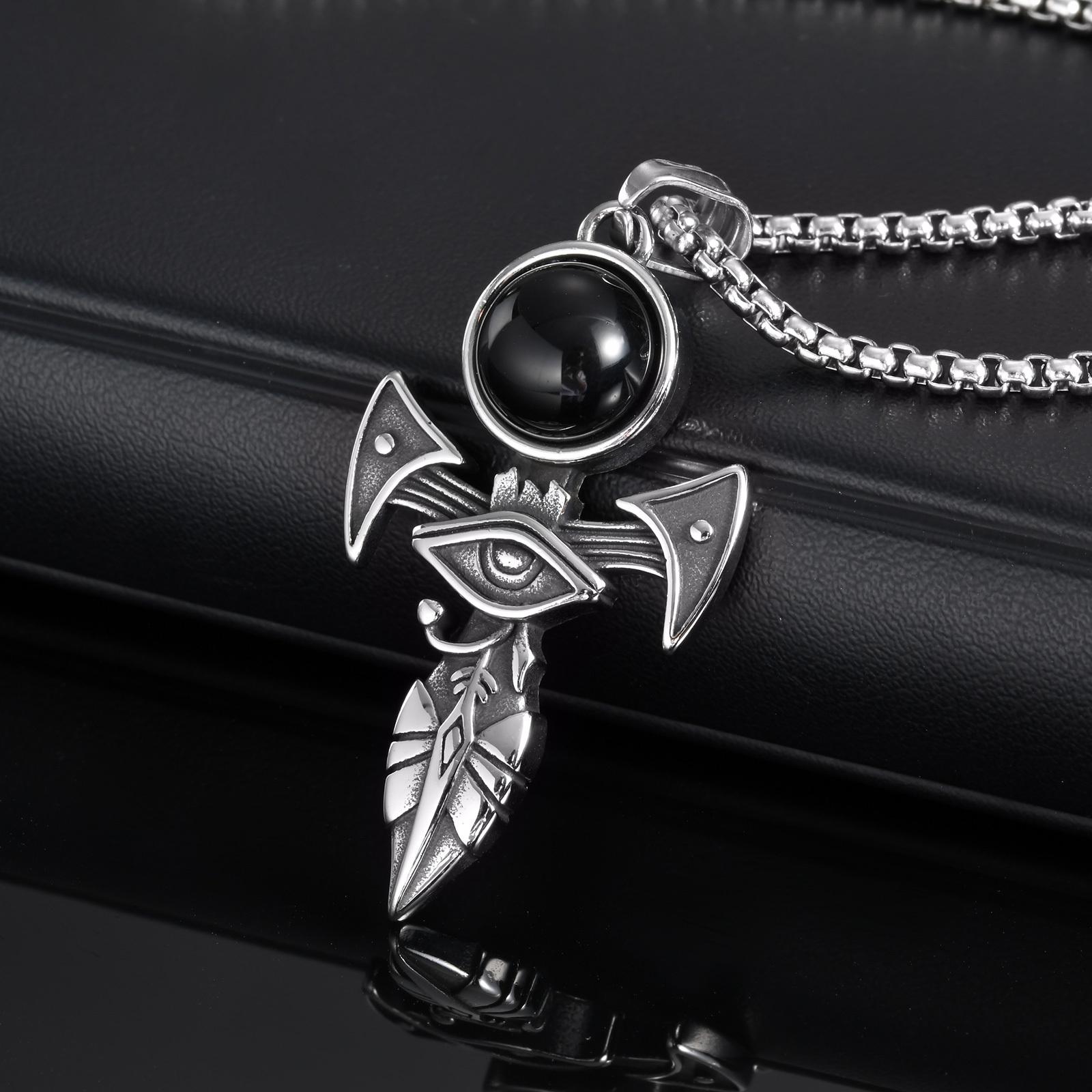 Vnox Gothic Herus Eye Pendant Necklaces, Mens Ankh Cross Pendant, Hammer Pendant with Black Agate Stone, Punk Devil Jewelry 60cm