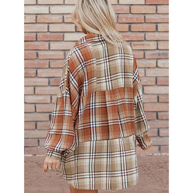 2025 Autumn New Plaid Color Matching Shirt Outerwear Women European and American Leisure Loose Mid-Length Single-Breasted Shirt