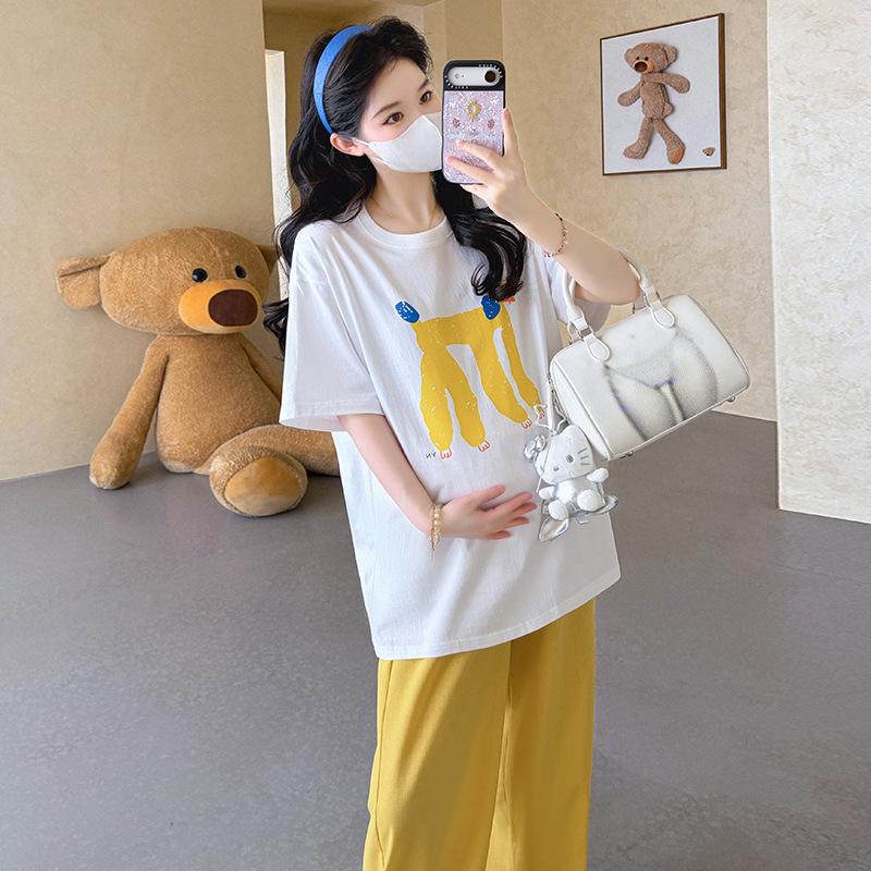 2026 Summer Maternity Set: Loose-Fit Printed Cotton Tee & Straight-Leg Pants M