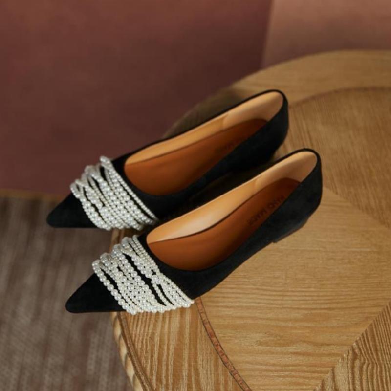 Fashion New Fashion Elegant Sexy Banquet Pearl Style Shoes Women's Pointed Toe Flat Bottom Retro French Niche Lady Shoes