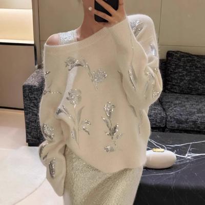 Mode Femme Décontracté Automne Hiver Pulls à Manches Longues à Imprimé Motif Floral Col Oblique