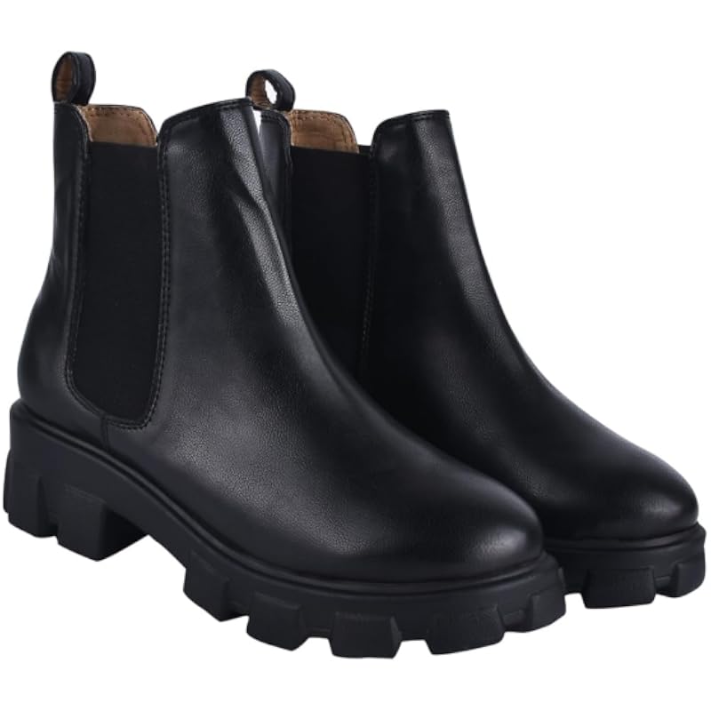 Women'S Chunky Chelsea Boots Black Ankle Booties With Lug Sole, Slip-On Elastic Side Panels, Stylish Fall/Winter Footwe
