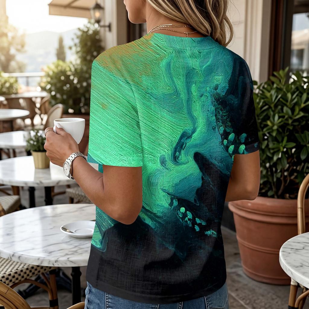 Damen Kurzarm Henley Hemd mit Knopfleiste Leinen Baumwollmischung Lässige Bedruckte Bluse Leicht Atmungsaktiv Sommer Oberteil