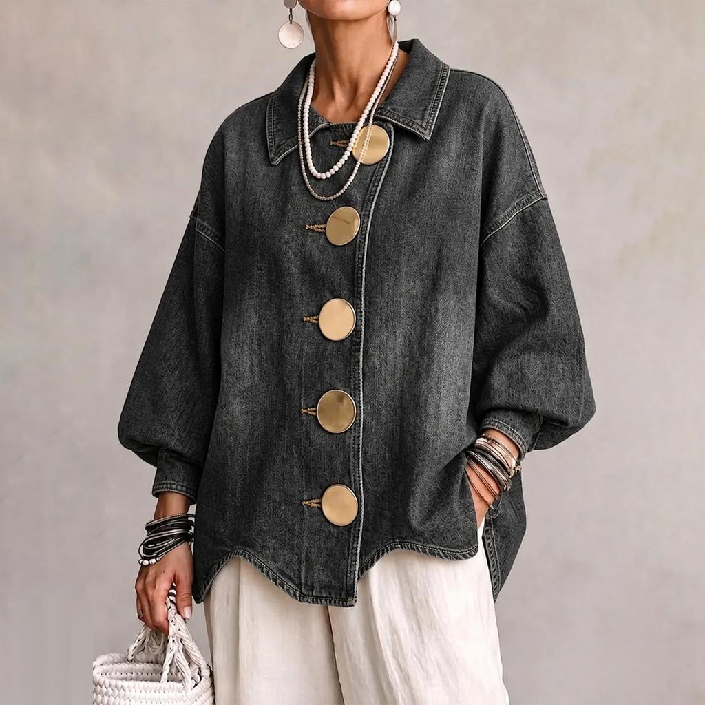 Women's Oversized Denim Jacket with Lapel Collar and Large Buttons for Casual Wear