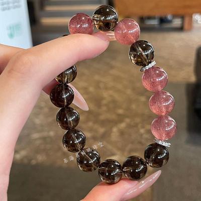 Pulseira de Contas de Quartzo Fumê e Cristal Morango Pêssego - Joia de Design Original para Mulheres