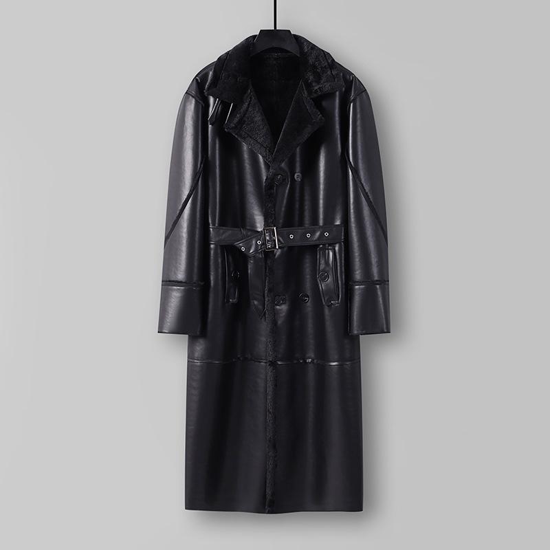 Men's Plus Size Fur-Lined Long Faux Leather Trench Coat